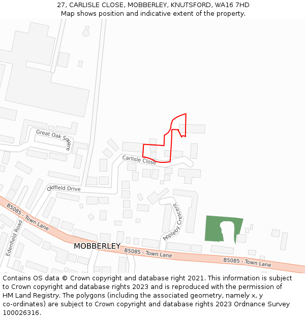 27, CARLISLE CLOSE, MOBBERLEY, KNUTSFORD, WA16 7HD: Location map and indicative extent of plot