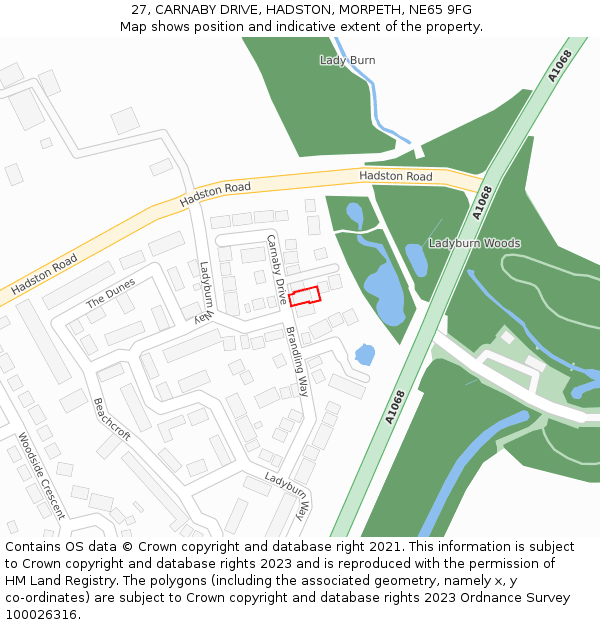 27, CARNABY DRIVE, HADSTON, MORPETH, NE65 9FG: Location map and indicative extent of plot