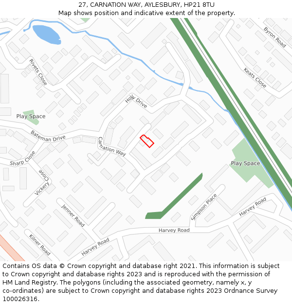 27, CARNATION WAY, AYLESBURY, HP21 8TU: Location map and indicative extent of plot