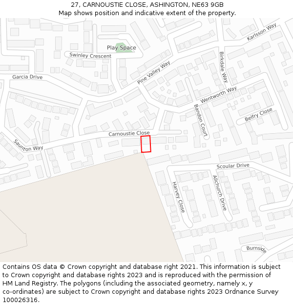 27, CARNOUSTIE CLOSE, ASHINGTON, NE63 9GB: Location map and indicative extent of plot