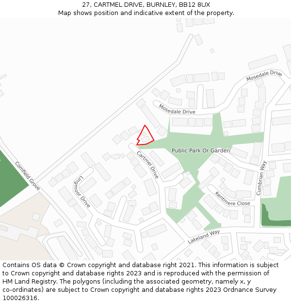 27, CARTMEL DRIVE, BURNLEY, BB12 8UX: Location map and indicative extent of plot