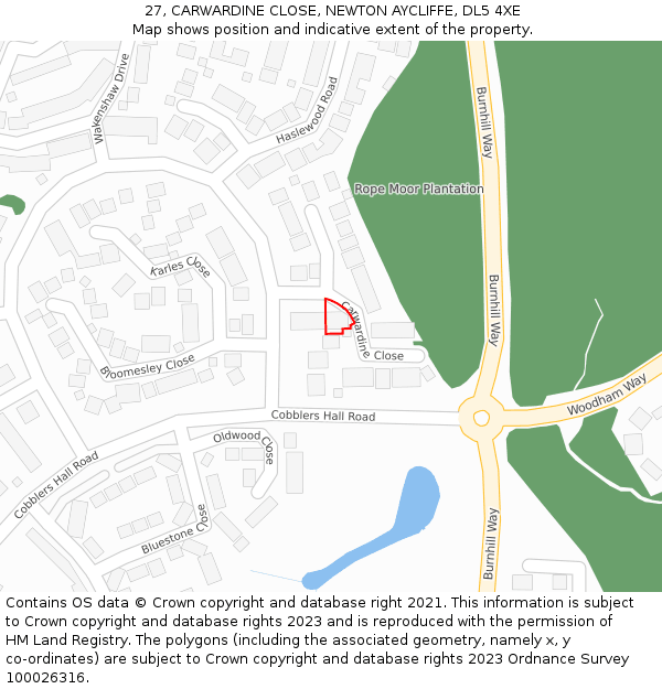 27, CARWARDINE CLOSE, NEWTON AYCLIFFE, DL5 4XE: Location map and indicative extent of plot