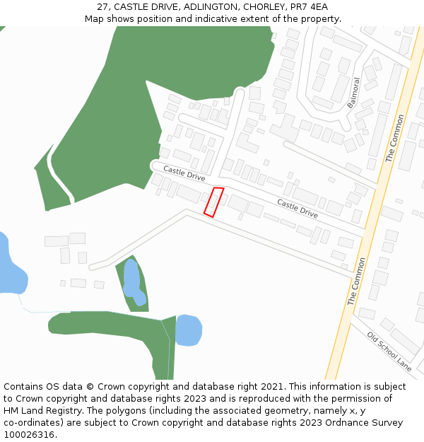 27, CASTLE DRIVE, ADLINGTON, CHORLEY, PR7 4EA: Location map and indicative extent of plot