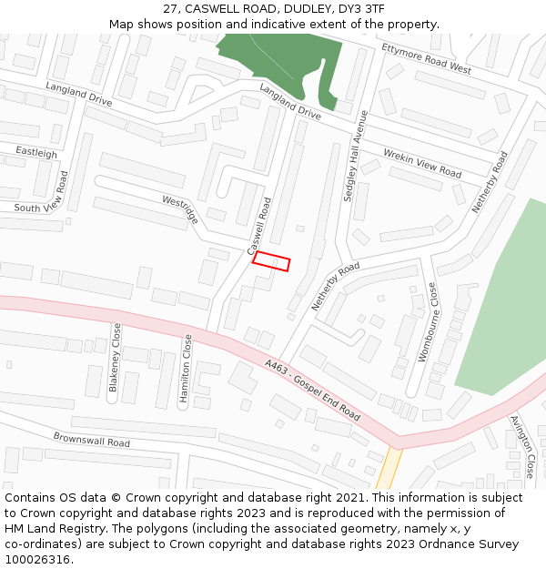 27, CASWELL ROAD, DUDLEY, DY3 3TF: Location map and indicative extent of plot