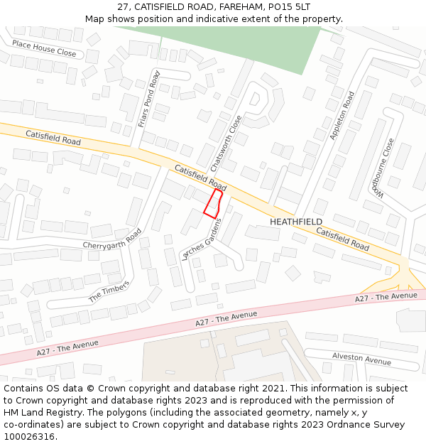 27, CATISFIELD ROAD, FAREHAM, PO15 5LT: Location map and indicative extent of plot