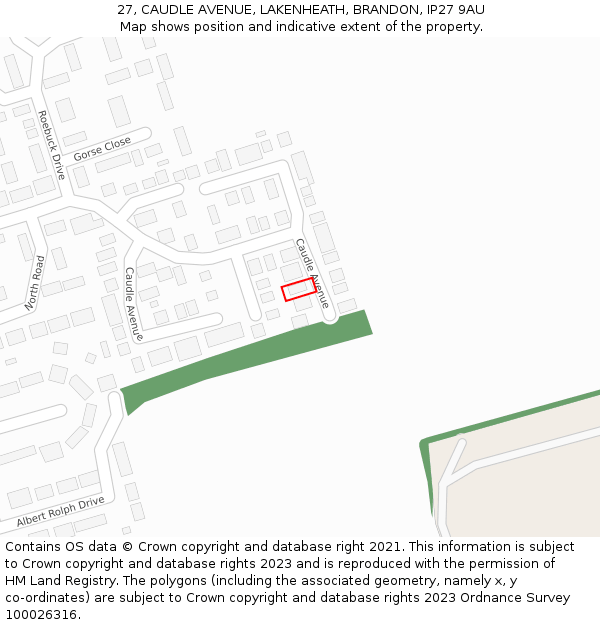 27, CAUDLE AVENUE, LAKENHEATH, BRANDON, IP27 9AU: Location map and indicative extent of plot