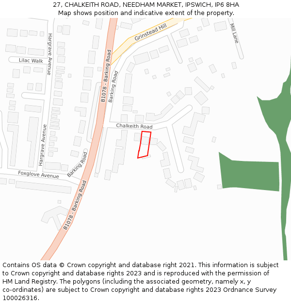 27, CHALKEITH ROAD, NEEDHAM MARKET, IPSWICH, IP6 8HA: Location map and indicative extent of plot