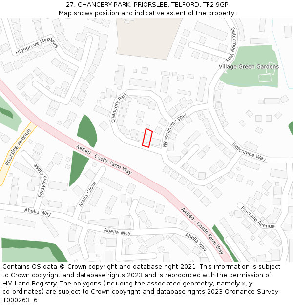 27, CHANCERY PARK, PRIORSLEE, TELFORD, TF2 9GP: Location map and indicative extent of plot