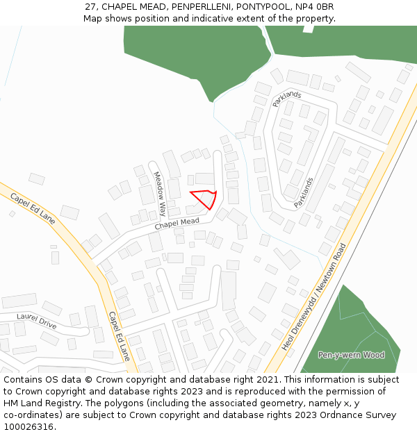 27, CHAPEL MEAD, PENPERLLENI, PONTYPOOL, NP4 0BR: Location map and indicative extent of plot