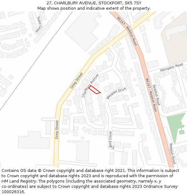 27, CHARLBURY AVENUE, STOCKPORT, SK5 7SY: Location map and indicative extent of plot