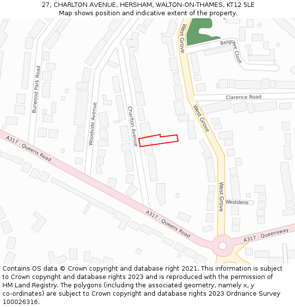 27, CHARLTON AVENUE, HERSHAM, WALTON-ON-THAMES, KT12 5LE: Location map and indicative extent of plot