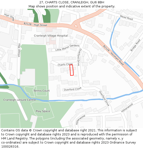 27, CHARTS CLOSE, CRANLEIGH, GU6 8BH: Location map and indicative extent of plot