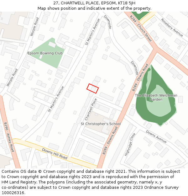 27, CHARTWELL PLACE, EPSOM, KT18 5JH: Location map and indicative extent of plot