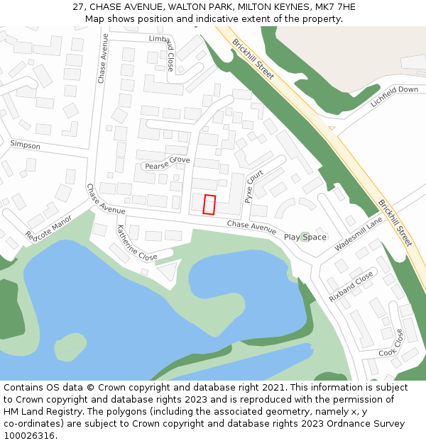 27, CHASE AVENUE, WALTON PARK, MILTON KEYNES, MK7 7HE: Location map and indicative extent of plot