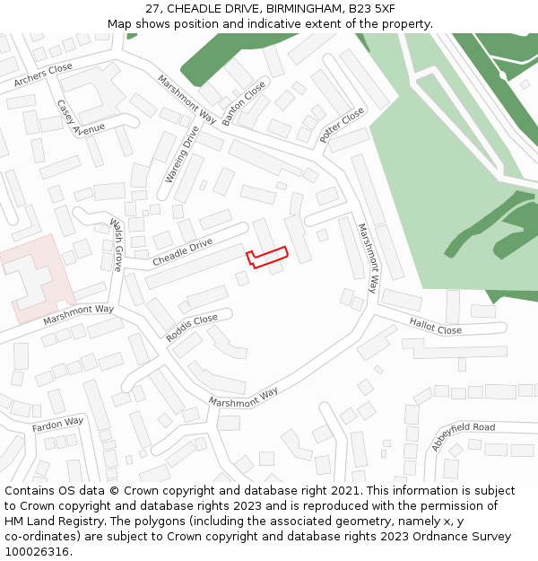 27, CHEADLE DRIVE, BIRMINGHAM, B23 5XF: Location map and indicative extent of plot