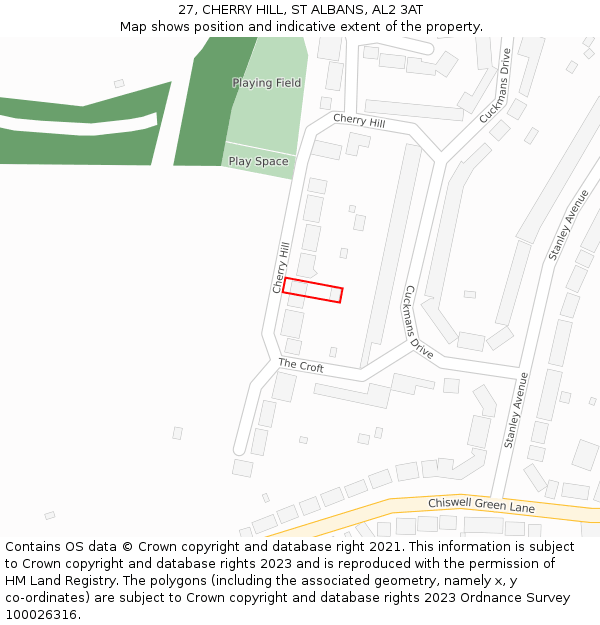 27, CHERRY HILL, ST ALBANS, AL2 3AT: Location map and indicative extent of plot