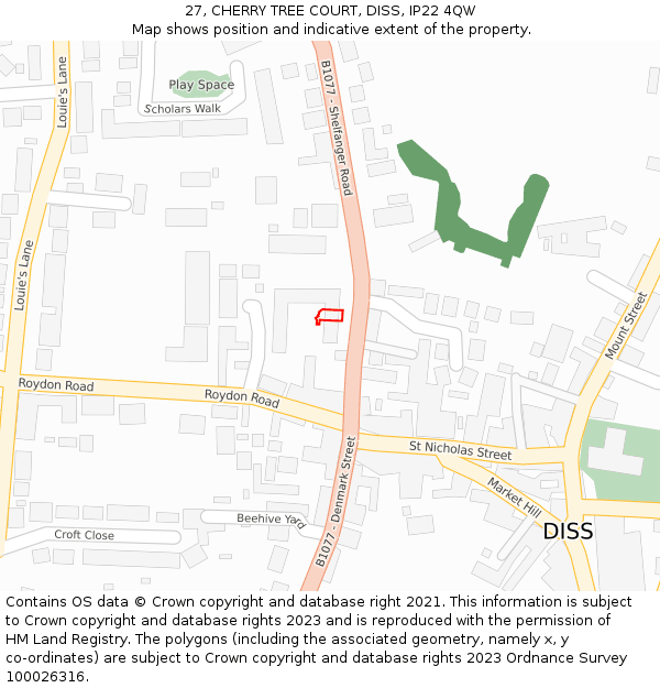 27, CHERRY TREE COURT, DISS, IP22 4QW: Location map and indicative extent of plot