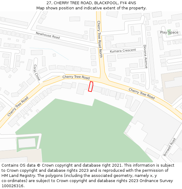 27, CHERRY TREE ROAD, BLACKPOOL, FY4 4NS: Location map and indicative extent of plot