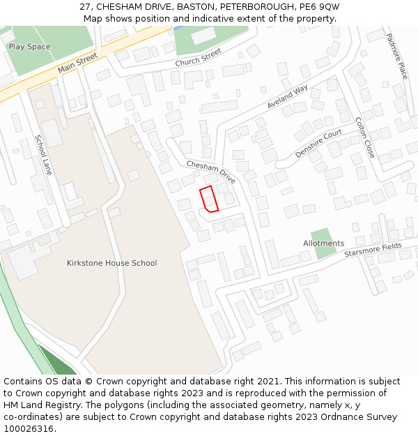 27, CHESHAM DRIVE, BASTON, PETERBOROUGH, PE6 9QW: Location map and indicative extent of plot