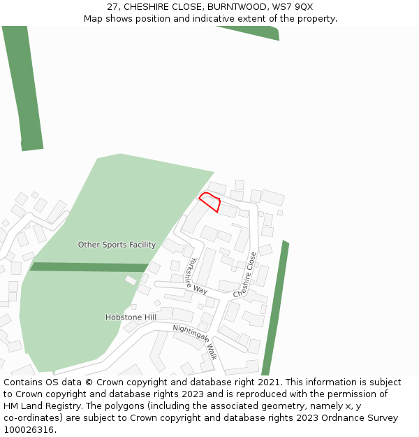 27, CHESHIRE CLOSE, BURNTWOOD, WS7 9QX: Location map and indicative extent of plot