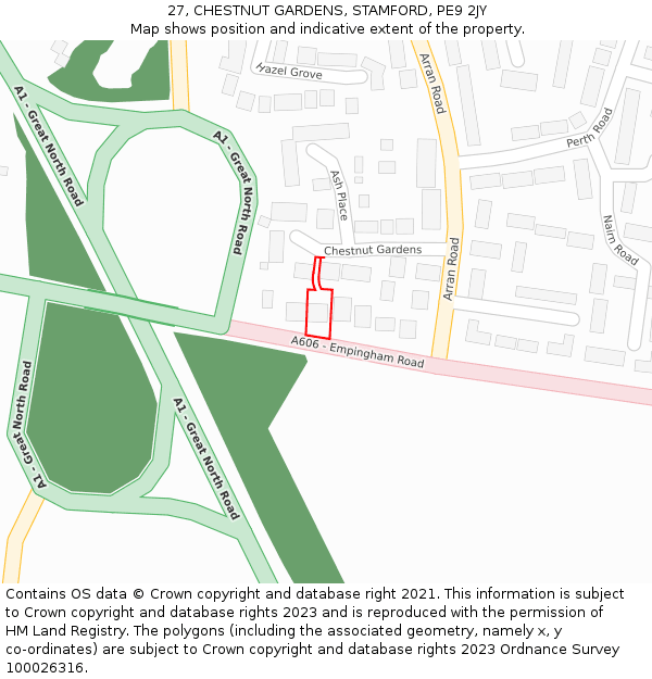 27, CHESTNUT GARDENS, STAMFORD, PE9 2JY: Location map and indicative extent of plot