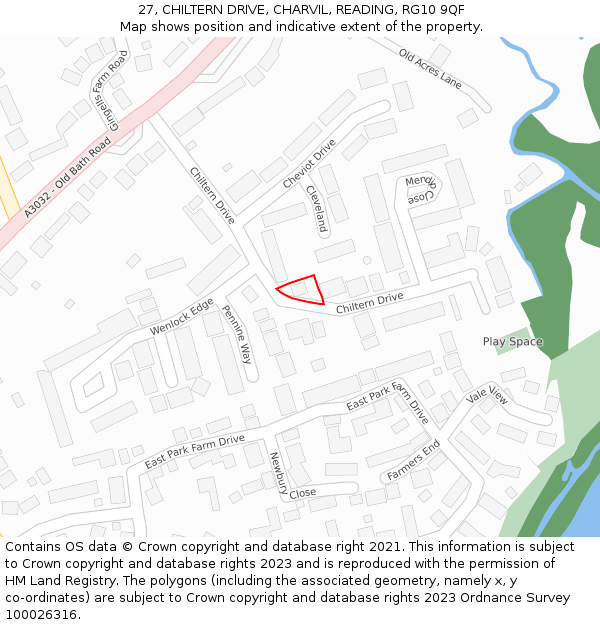 27, CHILTERN DRIVE, CHARVIL, READING, RG10 9QF: Location map and indicative extent of plot