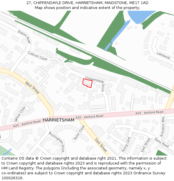 27, CHIPPENDAYLE DRIVE, HARRIETSHAM, MAIDSTONE, ME17 1AD: Location map and indicative extent of plot