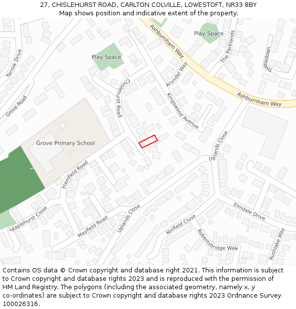 27, CHISLEHURST ROAD, CARLTON COLVILLE, LOWESTOFT, NR33 8BY: Location map and indicative extent of plot