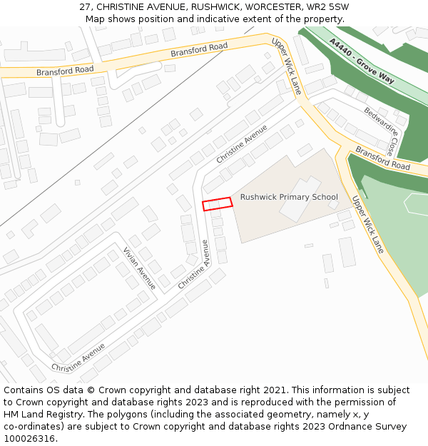 27, CHRISTINE AVENUE, RUSHWICK, WORCESTER, WR2 5SW: Location map and indicative extent of plot