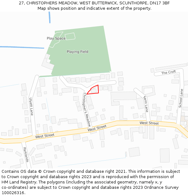 27, CHRISTOPHERS MEADOW, WEST BUTTERWICK, SCUNTHORPE, DN17 3BF: Location map and indicative extent of plot