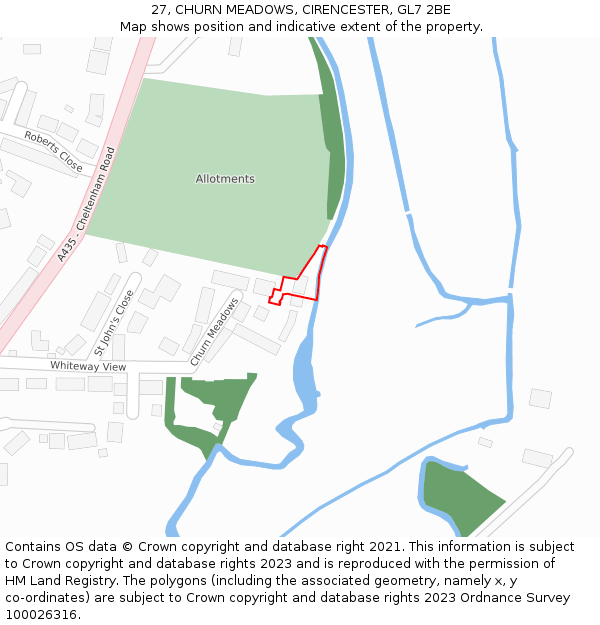 27, CHURN MEADOWS, CIRENCESTER, GL7 2BE: Location map and indicative extent of plot