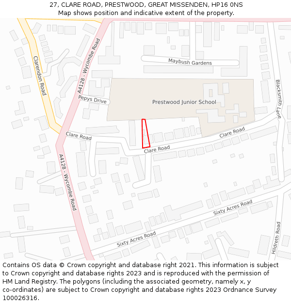 27, CLARE ROAD, PRESTWOOD, GREAT MISSENDEN, HP16 0NS: Location map and indicative extent of plot