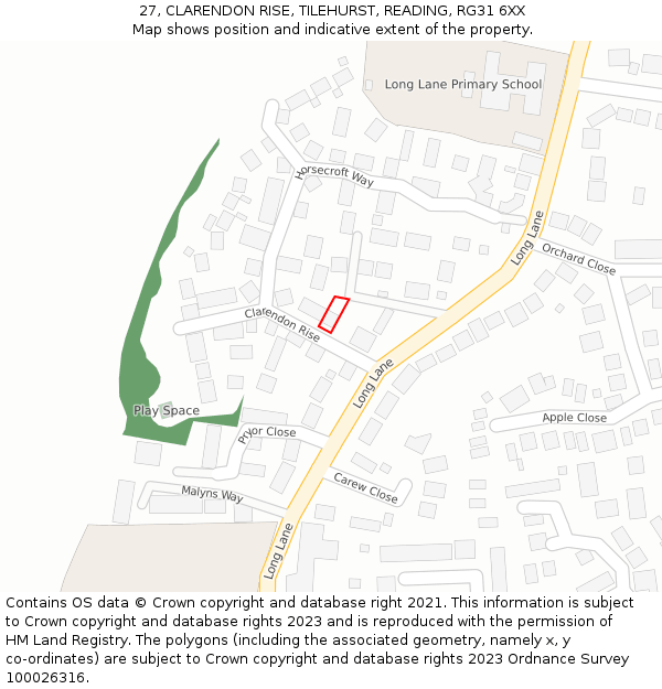 27, CLARENDON RISE, TILEHURST, READING, RG31 6XX: Location map and indicative extent of plot