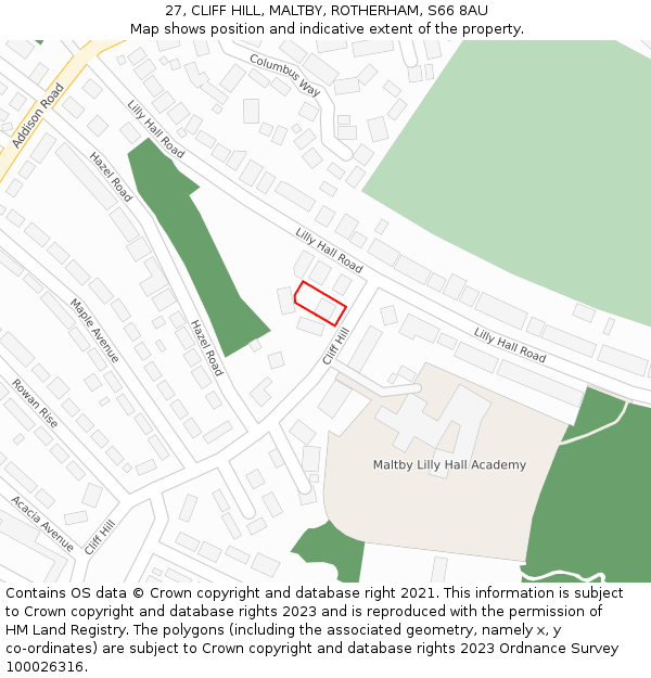 27, CLIFF HILL, MALTBY, ROTHERHAM, S66 8AU: Location map and indicative extent of plot