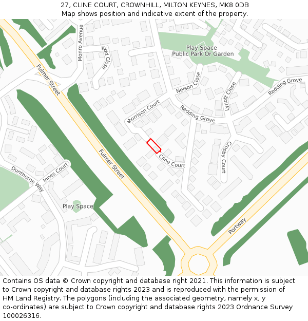 27, CLINE COURT, CROWNHILL, MILTON KEYNES, MK8 0DB: Location map and indicative extent of plot