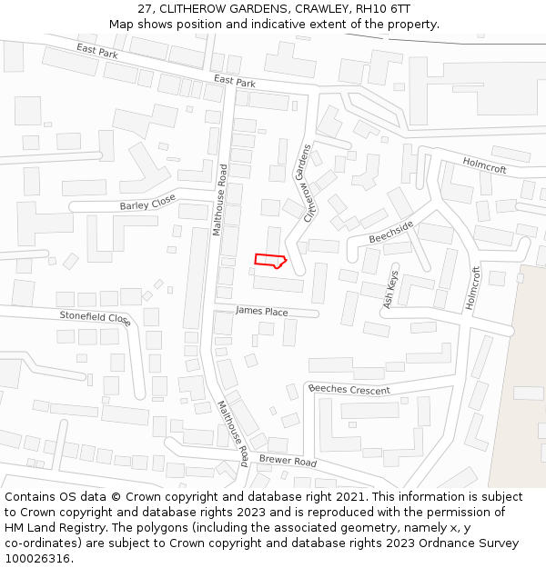 27, CLITHEROW GARDENS, CRAWLEY, RH10 6TT: Location map and indicative extent of plot