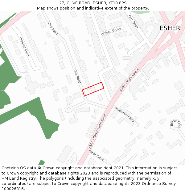 27, CLIVE ROAD, ESHER, KT10 8PS: Location map and indicative extent of plot