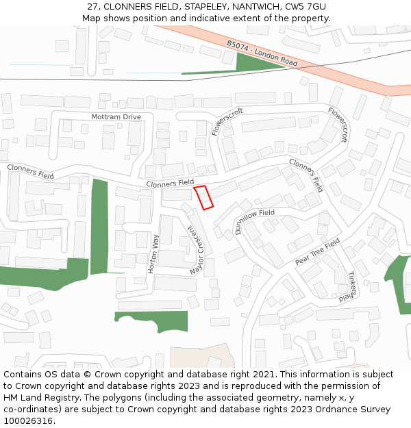 27, CLONNERS FIELD, STAPELEY, NANTWICH, CW5 7GU: Location map and indicative extent of plot