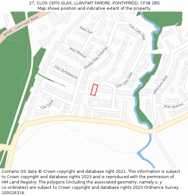 27, CLOS CEFN GLAS, LLANTWIT FARDRE, PONTYPRIDD, CF38 2BS: Location map and indicative extent of plot