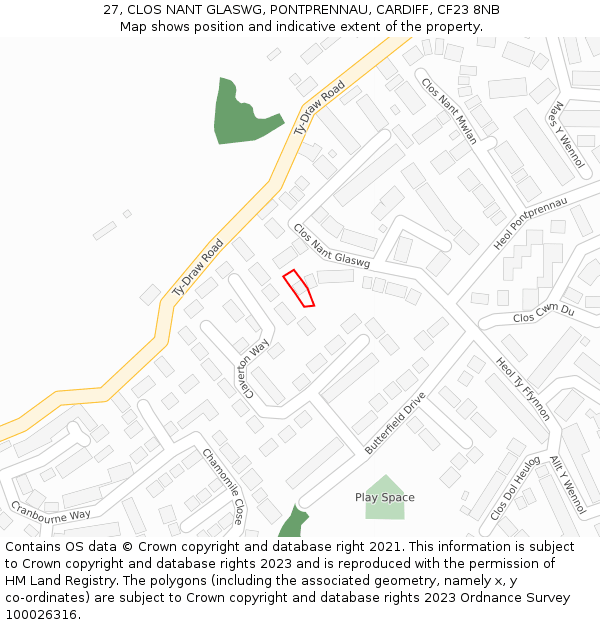 27, CLOS NANT GLASWG, PONTPRENNAU, CARDIFF, CF23 8NB: Location map and indicative extent of plot