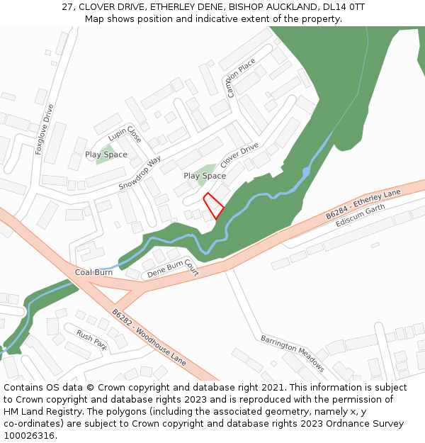 27, CLOVER DRIVE, ETHERLEY DENE, BISHOP AUCKLAND, DL14 0TT: Location map and indicative extent of plot