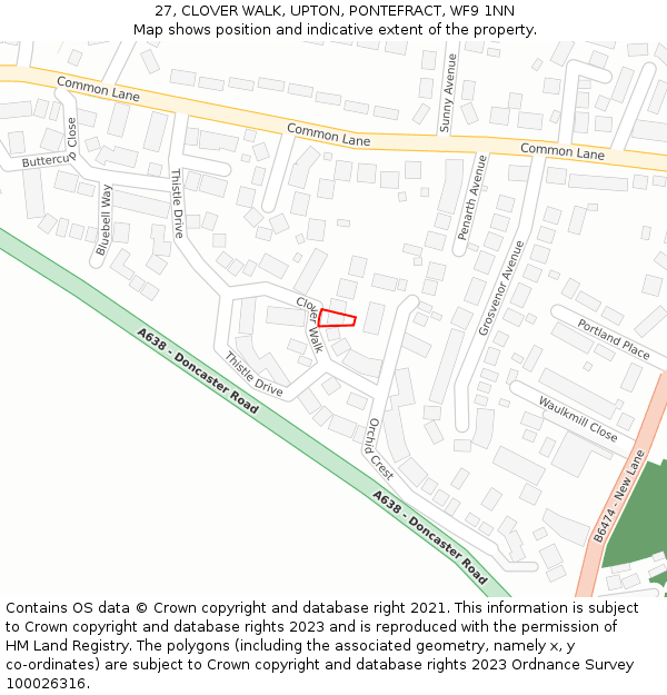 27, CLOVER WALK, UPTON, PONTEFRACT, WF9 1NN: Location map and indicative extent of plot