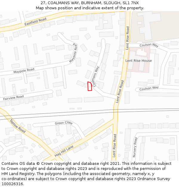 27, COALMANS WAY, BURNHAM, SLOUGH, SL1 7NX: Location map and indicative extent of plot