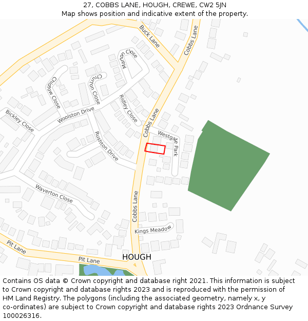27, COBBS LANE, HOUGH, CREWE, CW2 5JN: Location map and indicative extent of plot