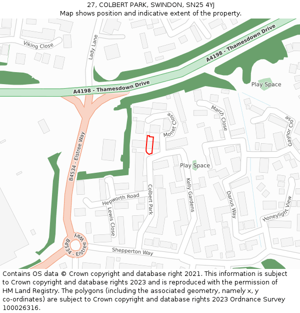 27, COLBERT PARK, SWINDON, SN25 4YJ: Location map and indicative extent of plot