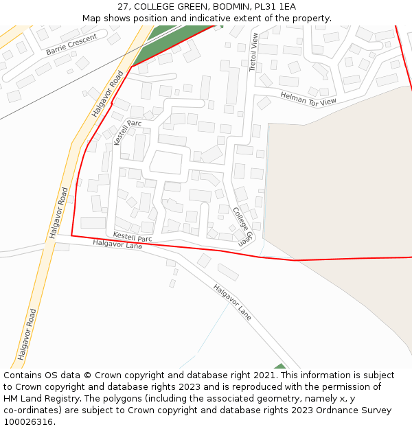 27, COLLEGE GREEN, BODMIN, PL31 1EA: Location map and indicative extent of plot