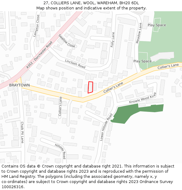 27, COLLIERS LANE, WOOL, WAREHAM, BH20 6DL: Location map and indicative extent of plot