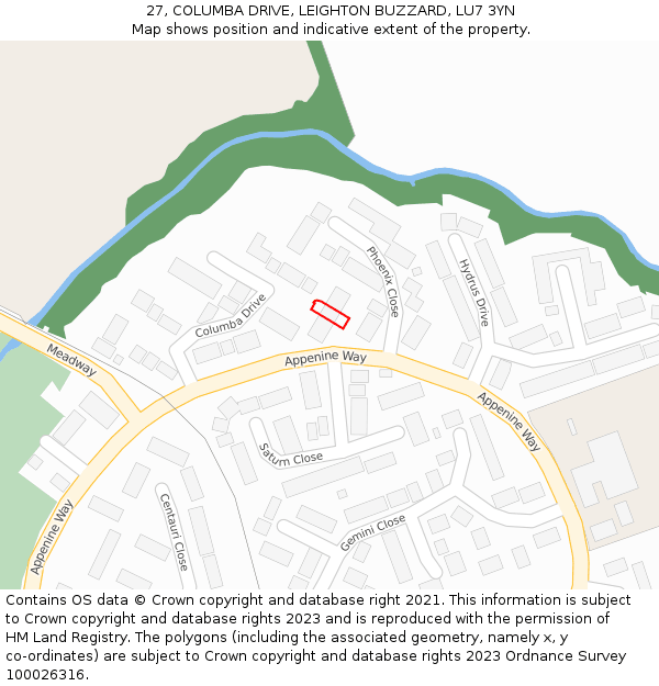 27, COLUMBA DRIVE, LEIGHTON BUZZARD, LU7 3YN: Location map and indicative extent of plot