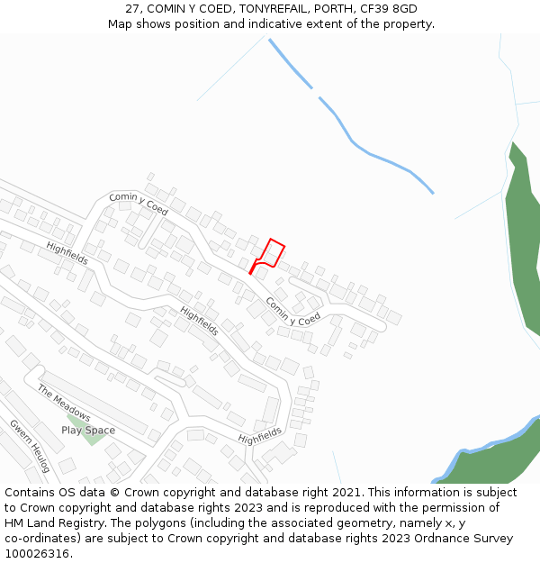 27, COMIN Y COED, TONYREFAIL, PORTH, CF39 8GD: Location map and indicative extent of plot