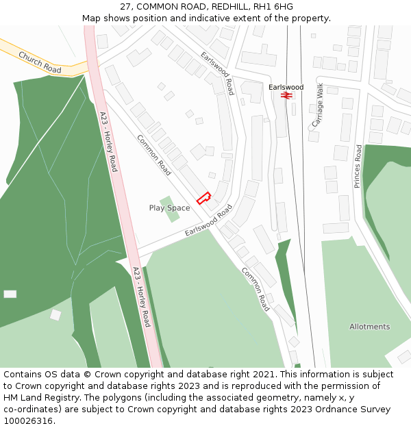 27, COMMON ROAD, REDHILL, RH1 6HG: Location map and indicative extent of plot